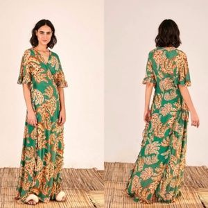 NWOT FARM Rio Green Raining Bananas Maxi Wrap Dress .